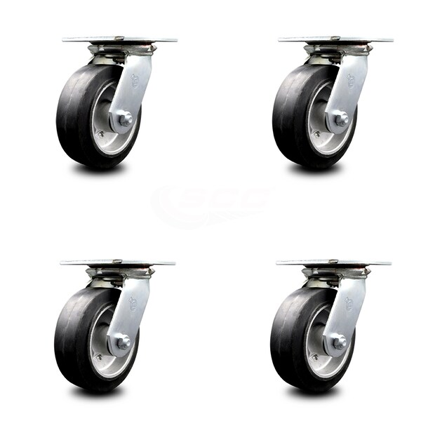 6 Inch Heavy Duty Rubber on Aluminum Caster Set with Roller Bearings, 4PK